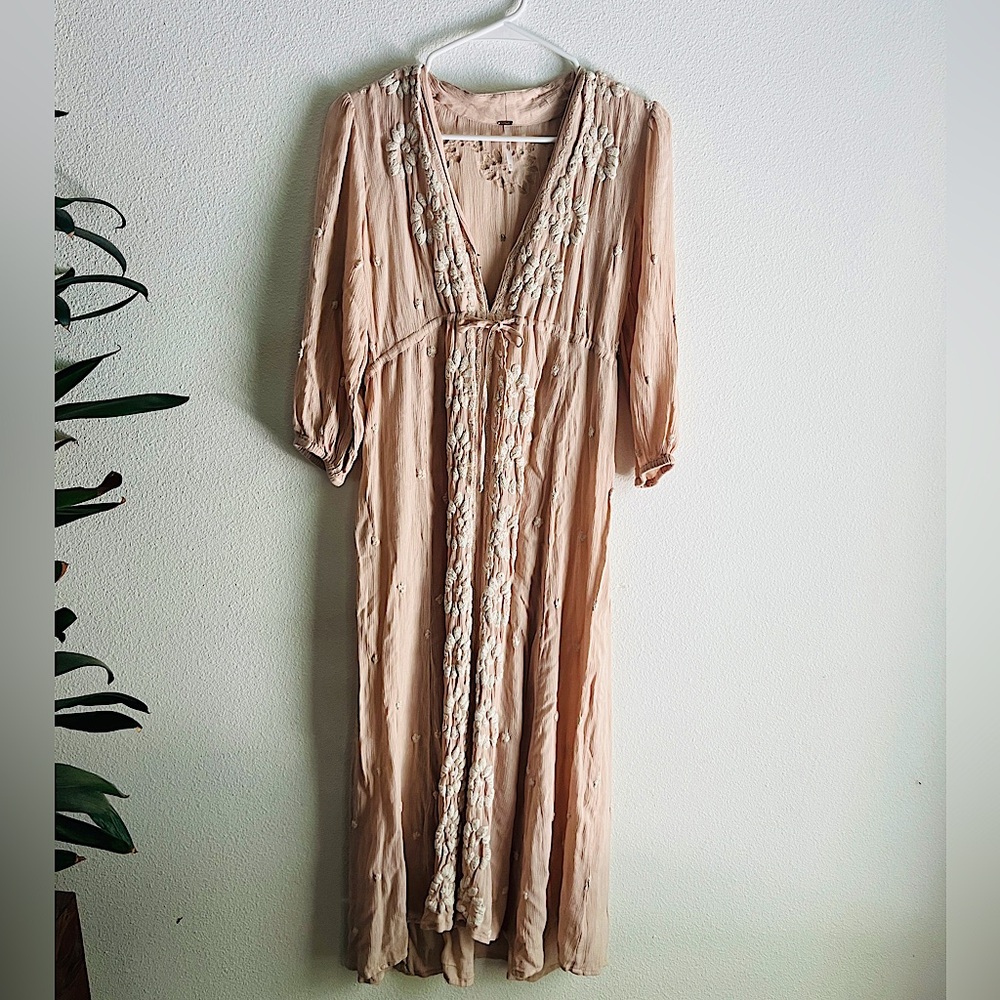 Free people v front maxi dress with embroidery blush pink